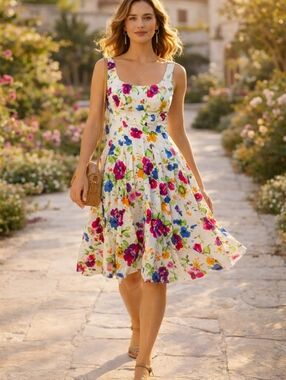 American Living Floral Fit & Flare Dress Pockets Cotton Colorful Spring Summer S